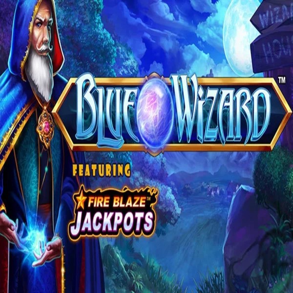 Blue Wizard Fire Blaze Jackpots slot logo by Rarestone Gaming at Crown Pokies Casino